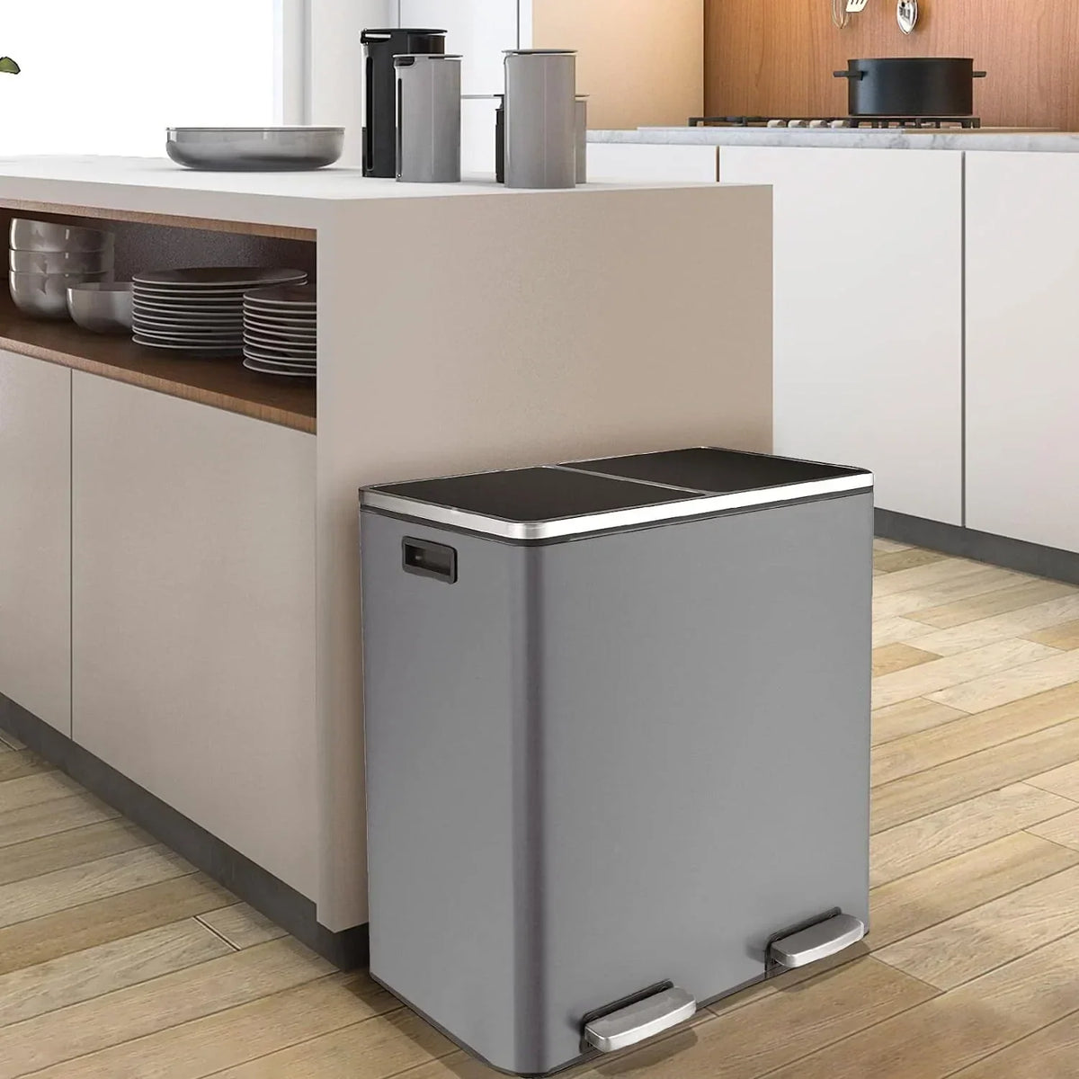 2026 NewArlopu 60 L/16 gal Dual Trash Can, Stainless Steel Garbage Can for Kitchen, Recycle Bin with Lid
