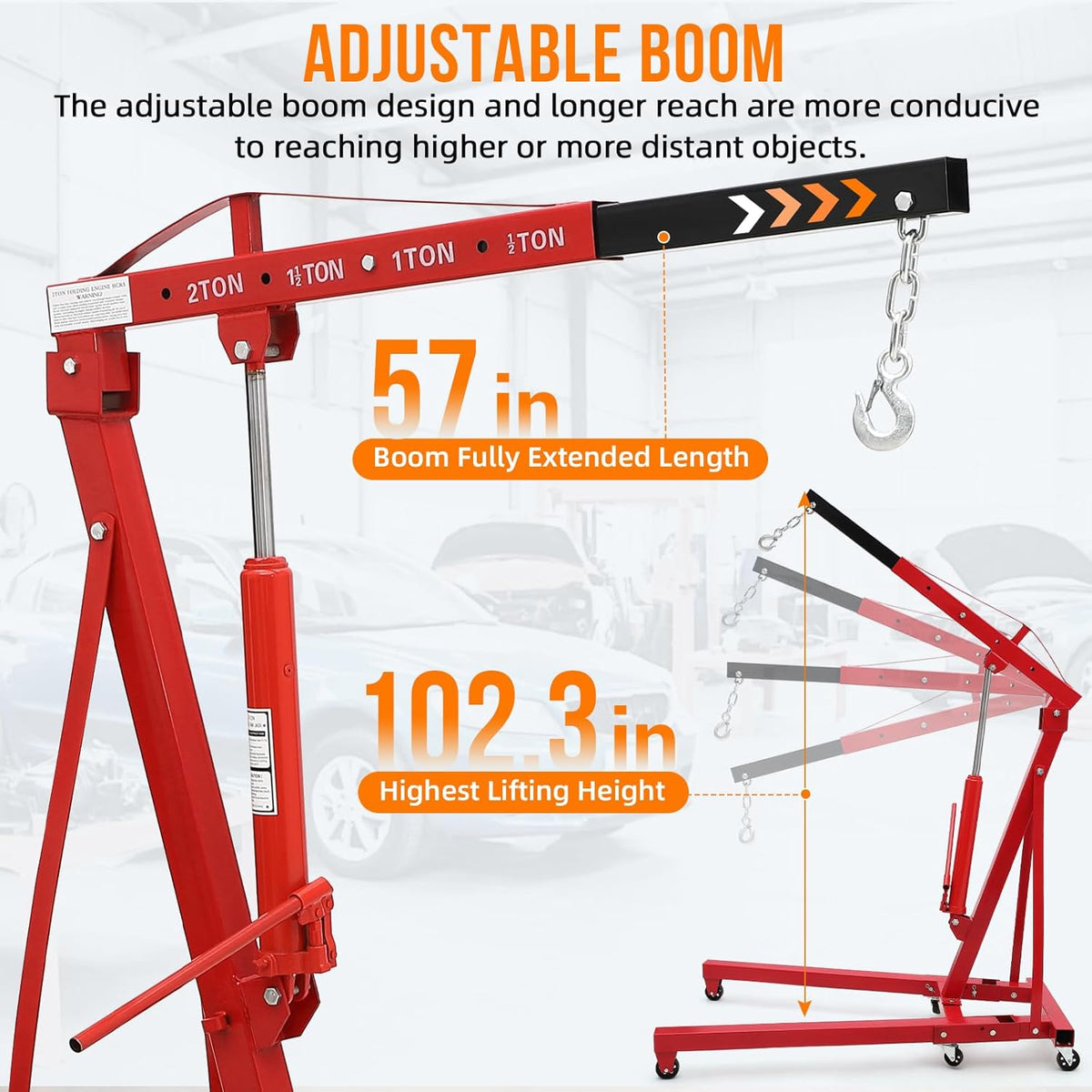 GAOMON 2-Ton Folding Cherry Picker Engine Hoist Hydraulic Shop Crane Lift with Telescopic Boom and 6 Swivel Casters Heavy-Duty Red