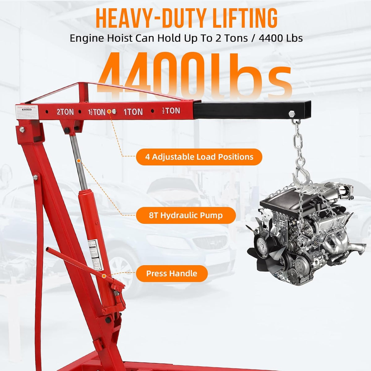GAOMON 2-Ton Folding Cherry Picker Engine Hoist Hydraulic Shop Crane Lift with Telescopic Boom and 6 Swivel Casters Heavy-Duty Red