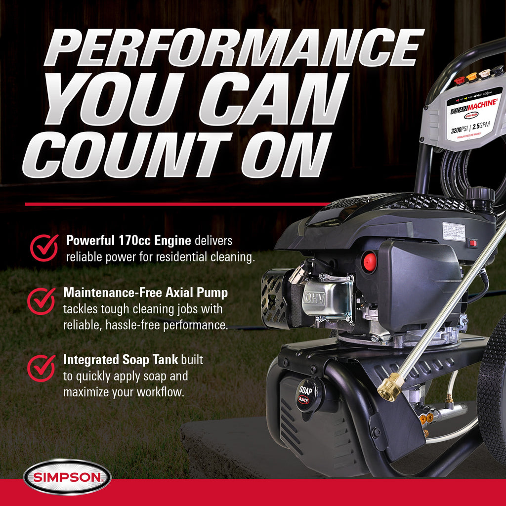 SIMPSON Clean Machine 3200-PSI 2.5-GPM Cold Water Gas Pressure washer with 4 Spray Tips