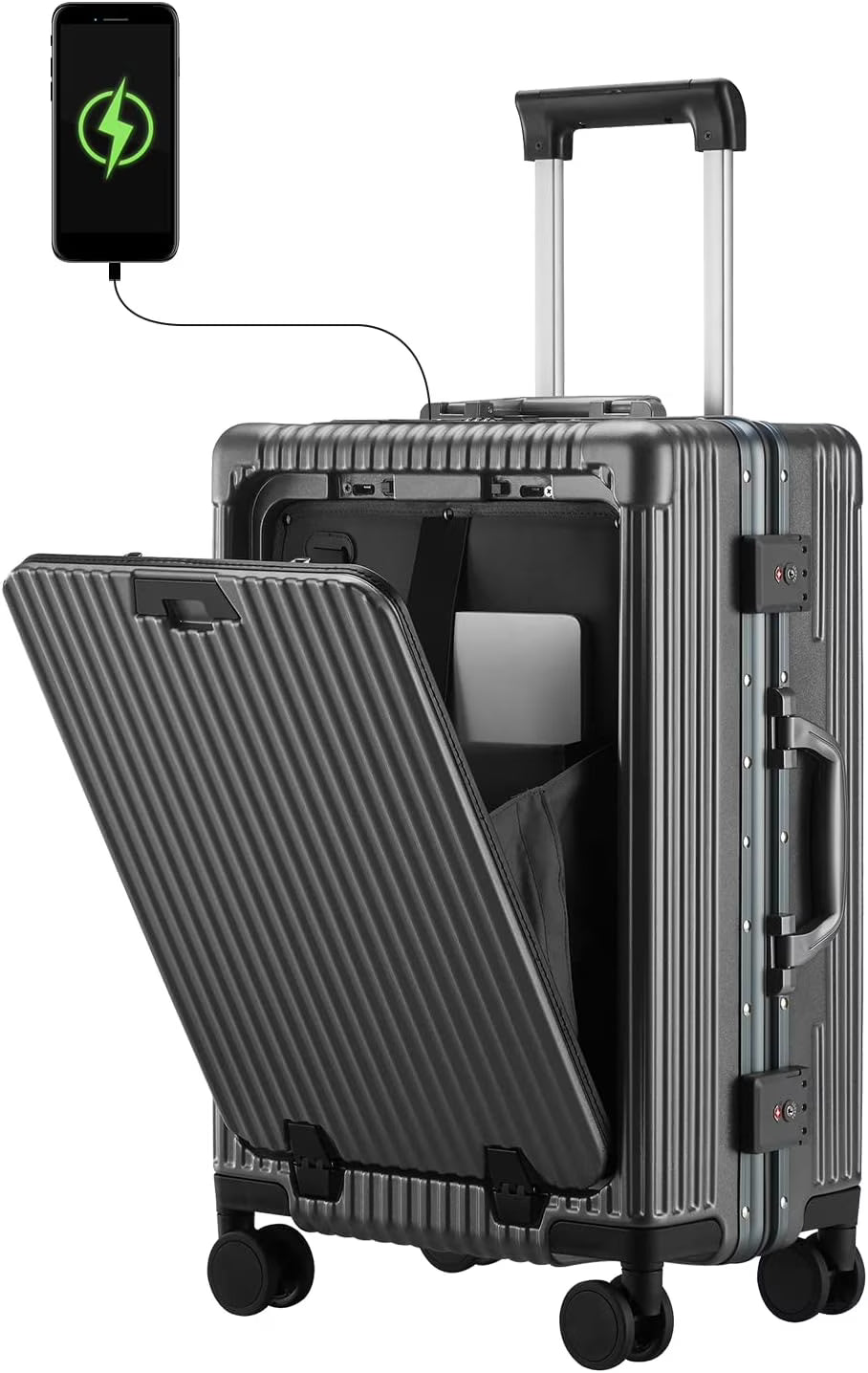 2026 NewCarry-On Luggage with USB Charging Port, Front Compartment, TSA Lock, Airline Approved Carry On Hardside Suitcase with Spinner Wheels (Grey, 20inch)