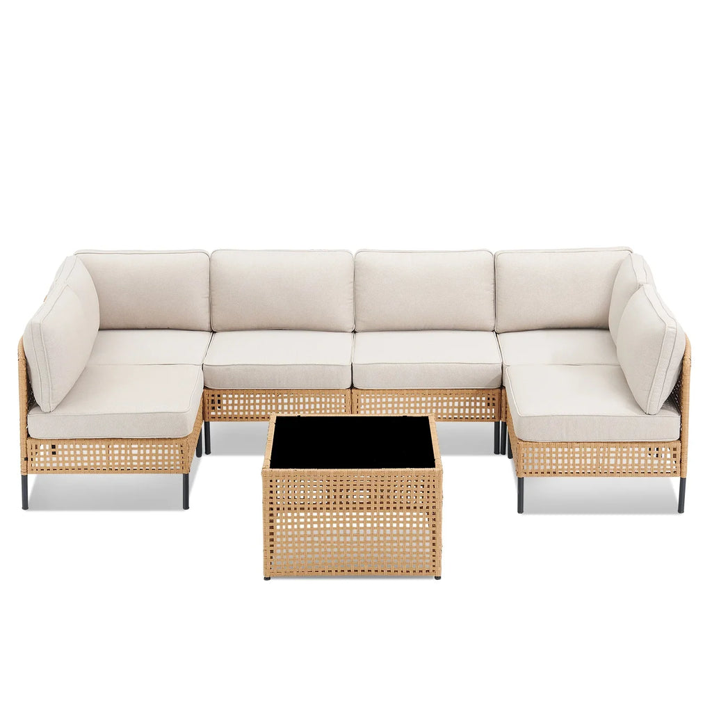 2026 NewPPorfamilia Outdoor Modular Sectional Furniture Set, 7 Piece Natural PE Rattan Sofa Set with 2 Corner Chairs, 4 Middle Chairs, Side Table