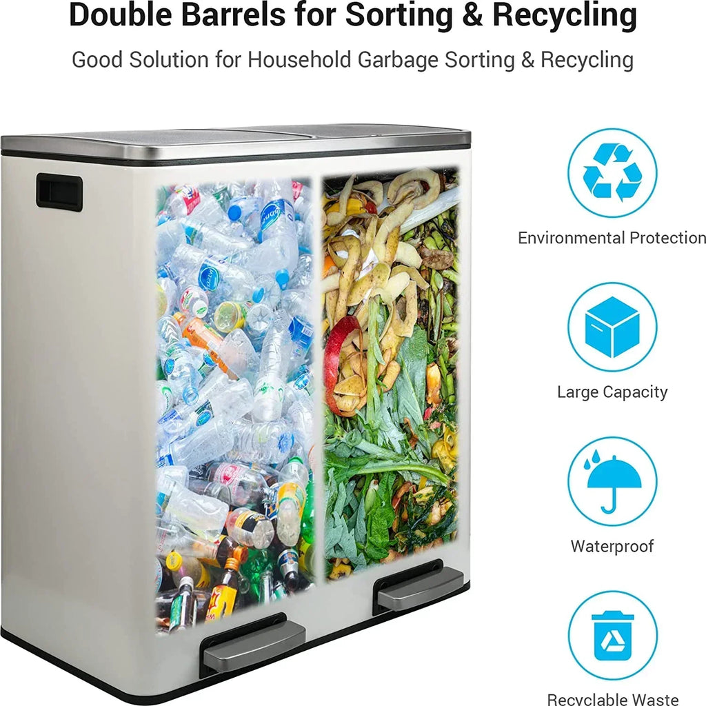 2026 NewArlopu 60 L/16 gal Dual Trash Can, Stainless Steel Garbage Can for Kitchen, Recycle Bin with Lid