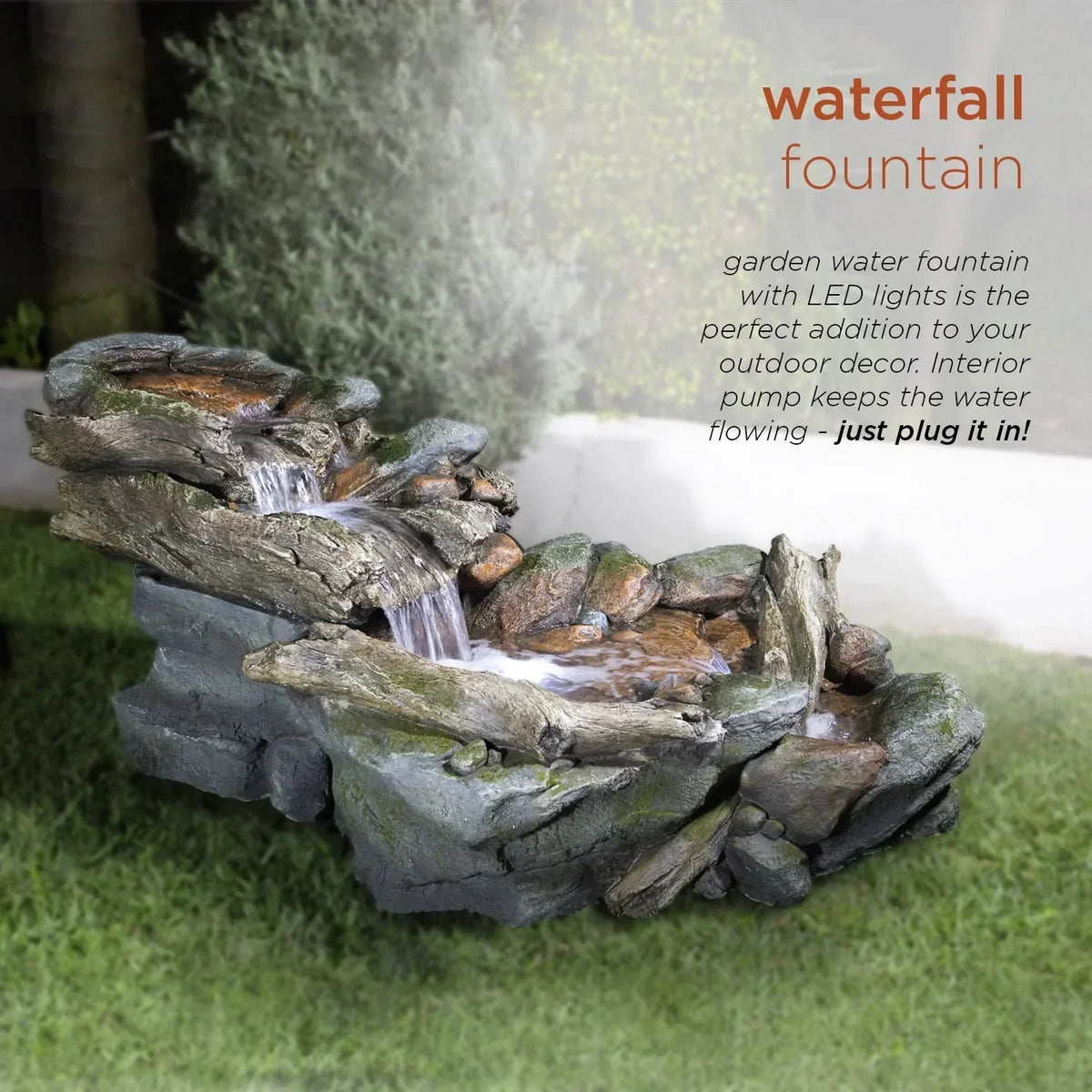2026 NewAlpine Corporation Outdoor 3-Tier Rainforest Rock Water Fountain with LED Lights