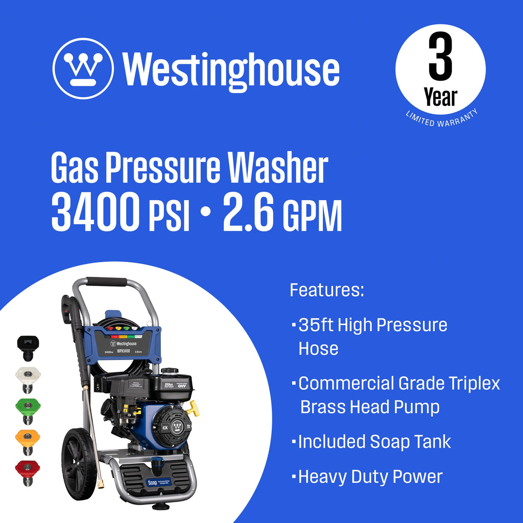Westinghouse WPX3400 5 Nozzles + Soap Tank Included 3400-PSI 2.6-GPM Cold Water Gas Pressure washer with 5 Spray Tips