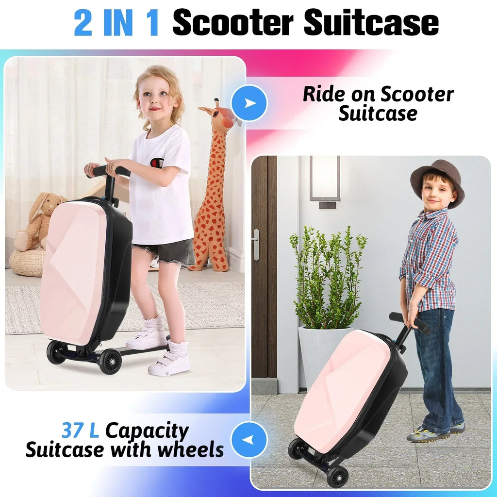 2026 NewAdvwin Scooter Luggage for Kids & Adults, Hardside Ride on Suitcase for Kids Ages 4-15 Multifunctional Lightweight Foldable Carry on Luggage with Wheels Ride on for Children Teenagers, Pink