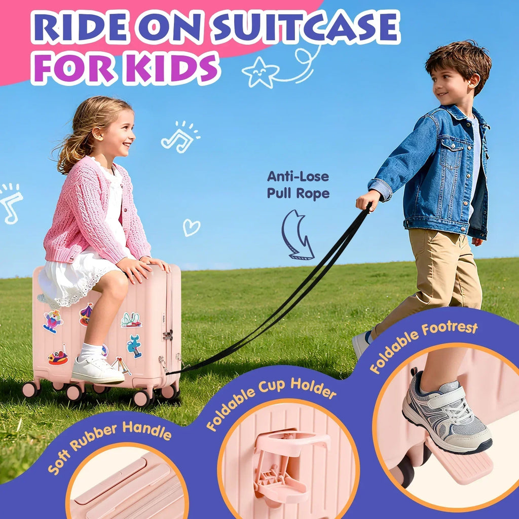 2026 NewAdvwin Ride-On Kids Luggage with Pull Strap, Footrests, Cup Holder, 6 Wheels & Adjustable Handle, 18-Inch Spinner Suitcase with Stickers & Boarding Pass, Pink