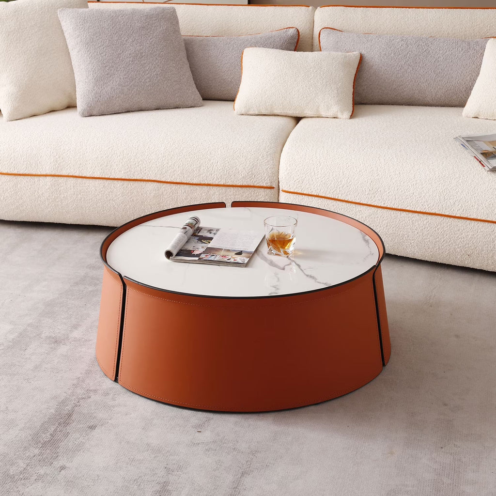 2026 New 31.5inch Coffee Table, Marble Top+Orange Saddle Leather Body+Iron Frame