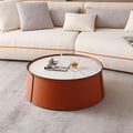 2026 New 31.5inch Coffee Table, Marble Top+Orange Saddle Leather Body+Iron Frame