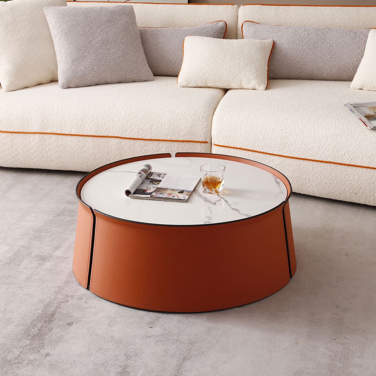 2026 New 31.5inch Coffee Table, Marble Top+Orange Saddle Leather Body+Iron Frame