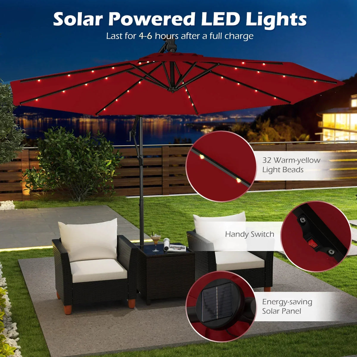 2026 NewCostway 10 FT Solar Offset Hanging Umbrella Patio Cantilever Umbrella with 32 LED Lights Brown