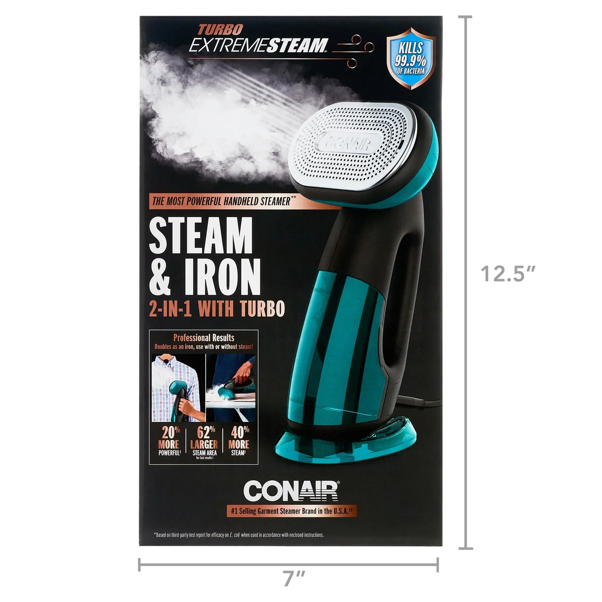 2026 NewConair Turbo ExtremeSteam 1875 Watt Handheld Fabric, 2-in-1 Steam and Iron Garment Steamer, One Size, Black/Green GS107