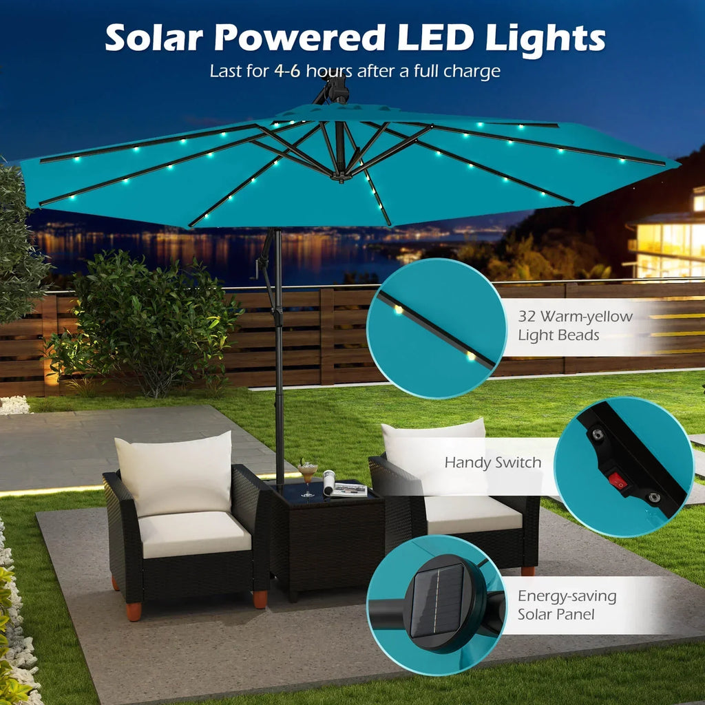 2026 NewCostway 10 FT Solar Offset Hanging Umbrella Patio Cantilever Umbrella with 32 LED Lights Brown