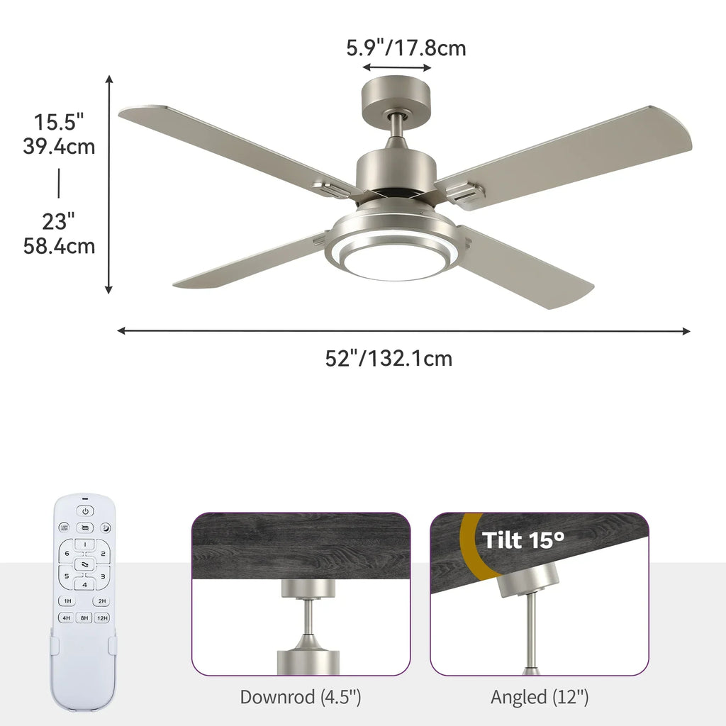 2026 NewDextrus 52'' Ceiling Fan with Light and Remote Control, 6 Speeds, 5 Timer Settings, and Dual-Finish Blades (Nickel)