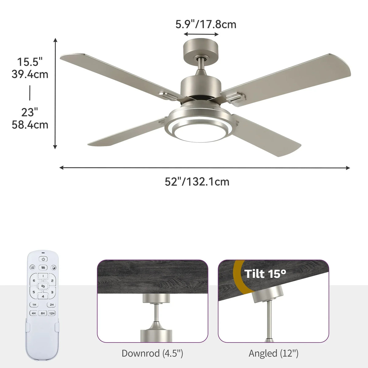 2026 NewDextrus 52'' Ceiling Fan with Light and Remote Control, 6 Speeds, 5 Timer Settings, and Dual-Finish Blades (Nickel)