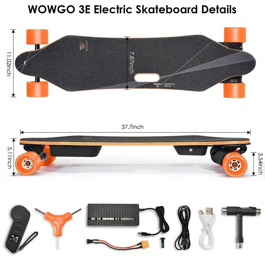 Wowgo 3E Electric Longboard Portable Lightweight E Skateboard with Dual Motors Belt, Black, 330ib