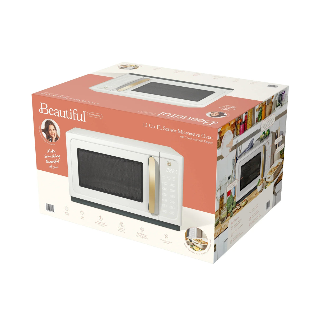 2026 NewBeautiful 1.1 Cu ft 1000 Watt, Sensor Microwave Oven, White Icing by Drew Barrymore, New