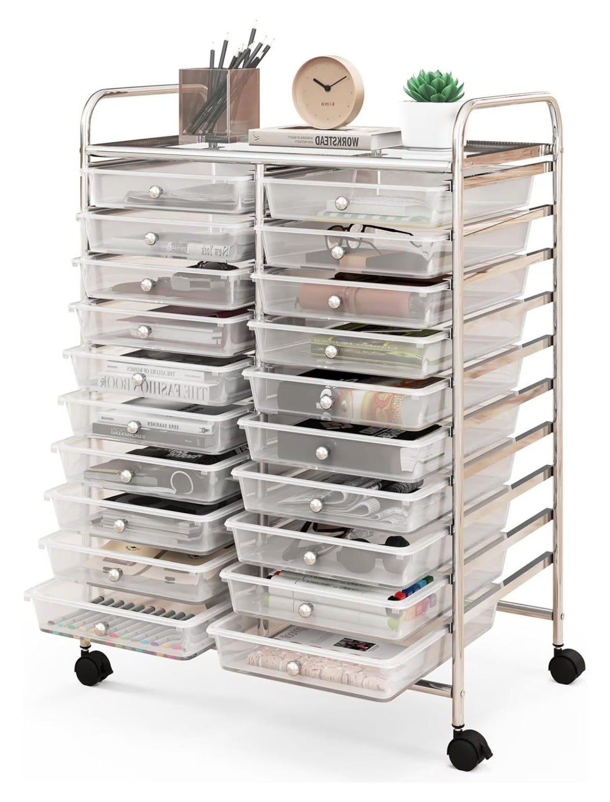 2026 New20 Drawers Storage Cart w/Rolling Wheels, Semi-Transparent Mobile Rolling Drawer Cart for School Classroom Office Home Salon, Files Scrapbook Craft Organizer, Utility Cart on Wheels (Clear)
