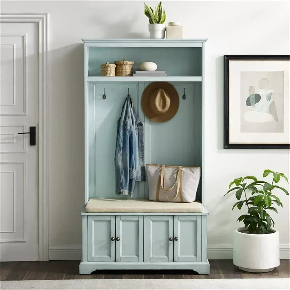 2026 NewBowery Hill Traditional Wood Hall Tree in Seafoam Blue/Oatmeal