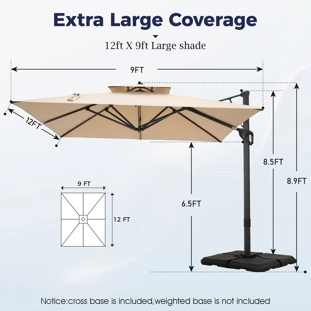 2026 NewAlpha Joy 12x9ft Outdoor Patio Umbrella Large Rectangle Offset Cantilever Double Umbrella with 360°Rotation, Beige