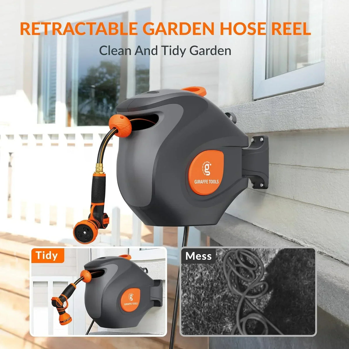 2026 NewGiraffe Tools Retractable Garden Hose Reel with 1/2in-100ft Water Hose, Plastic Bracket, Wall Mounted, Dark Grey