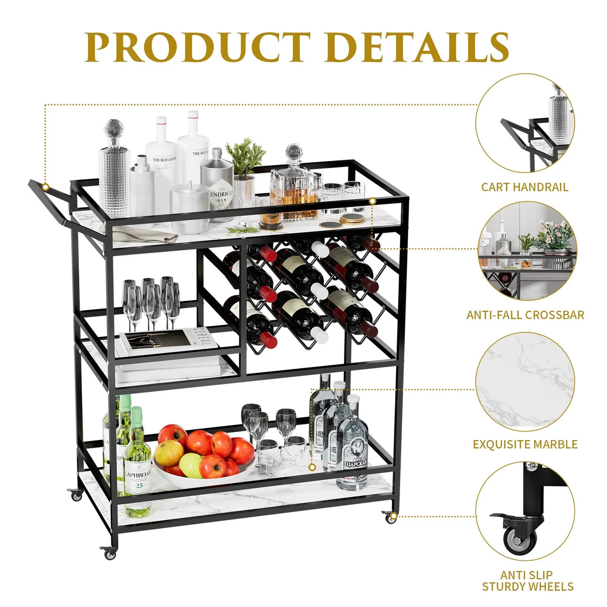 2026 NewWHIFEA 3-Tier Home Bar Cart with Wine Rack, Mobile Serving Wine Cart on Wheels, Modern Rolling Drink Trolley for Coffee Tea Wine