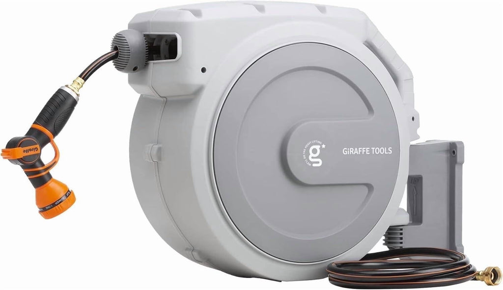 2026 NewGiraffe Tools Retractable Garden Hose Reel with 1/2in-100ft Water Hose, Plastic Bracket, Wall Mounted, Dark Grey