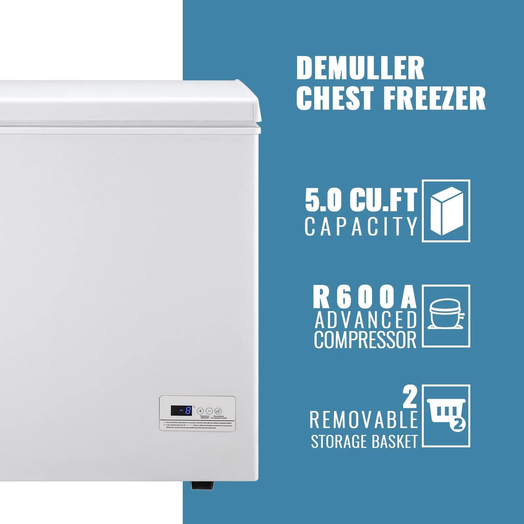 2026 NewDEMULLER Chest Freezer 5.0 Cu. ft Removable Stainless Steel Basket Mini Freezer White YX-110