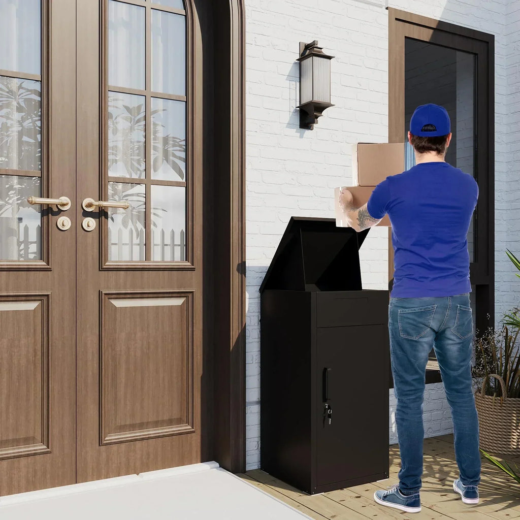 2026 NewAECOJOY Package Delivery Boxes for Outside Parcel Drop Box Outdoor Storage Box Wall Mounted Express Mail Package Delivery Box 17" x 16" x 38.3" Black