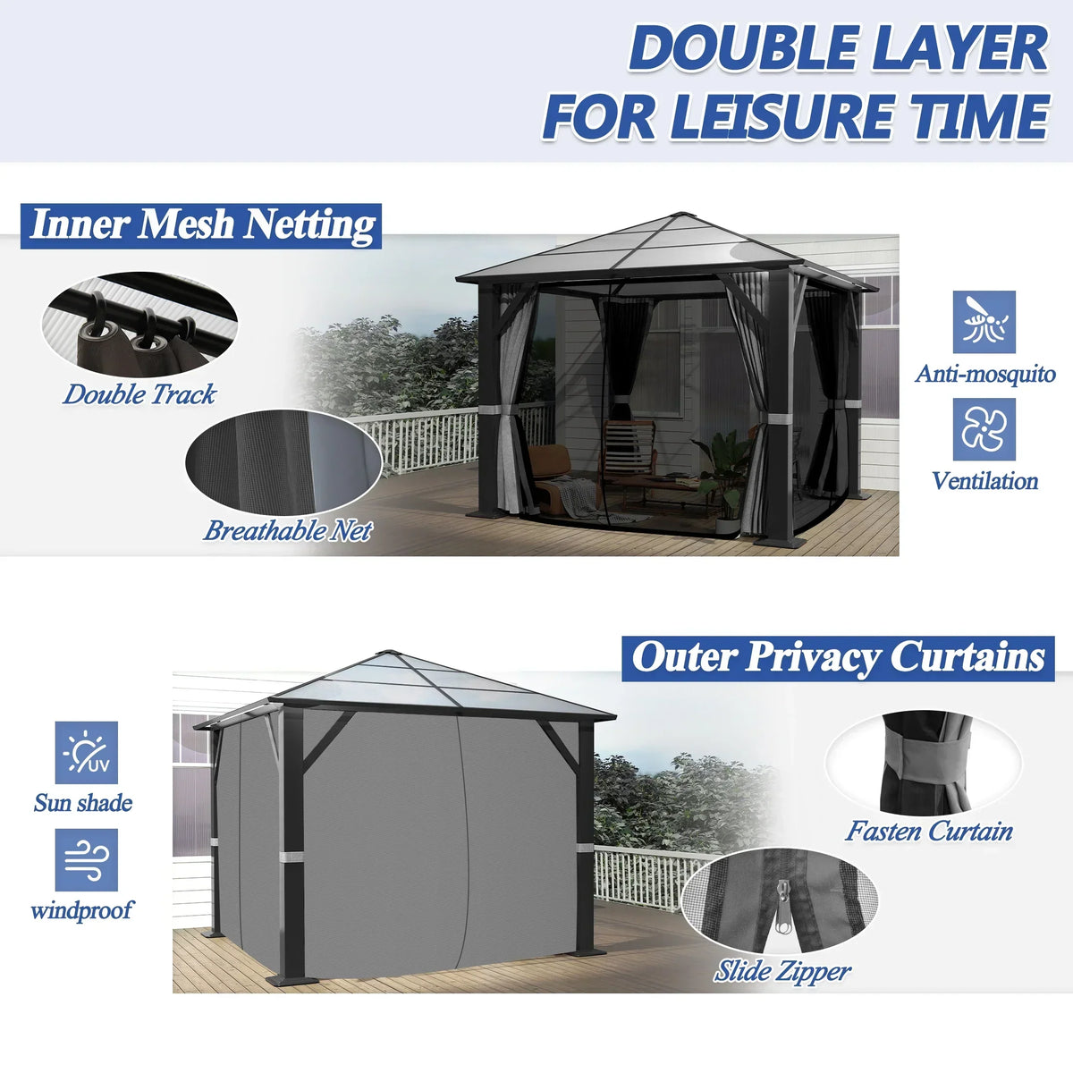 2026 NewGARTOO 10' x 10' Hardtop Gazebo, Outdoor Polycarbonate Roof Gazebo with Steel Frame, Permanent Pavilion with Netting& Curtains