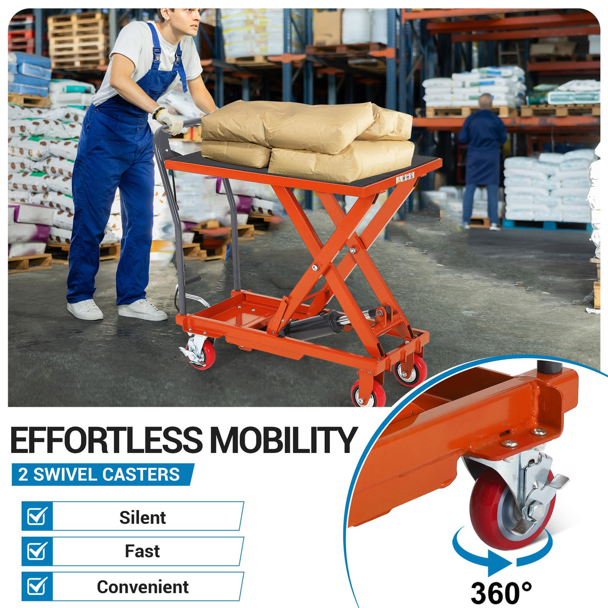 Aoile Hydraulic Lift Table Cart 330 LBS Capacity 28.5 in Lifting Height Single Scissor Lift Table with 4 Wheels and Non-Slip Pad for Material Handling and Transportation Orange