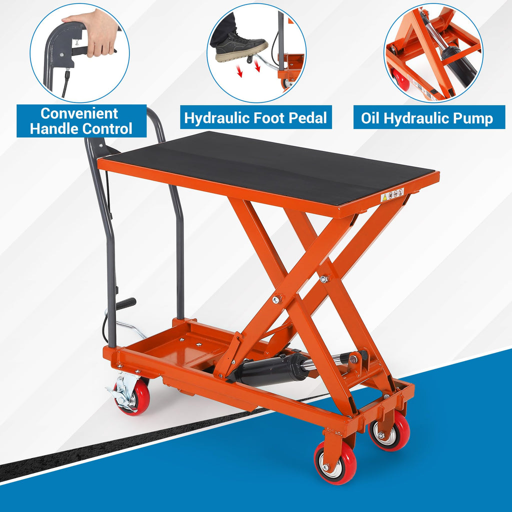Aoile Hydraulic Lift Table Cart 330 LBS Capacity 28.5 in Lifting Height Single Scissor Lift Table with 4 Wheels and Non-Slip Pad for Material Handling and Transportation Orange