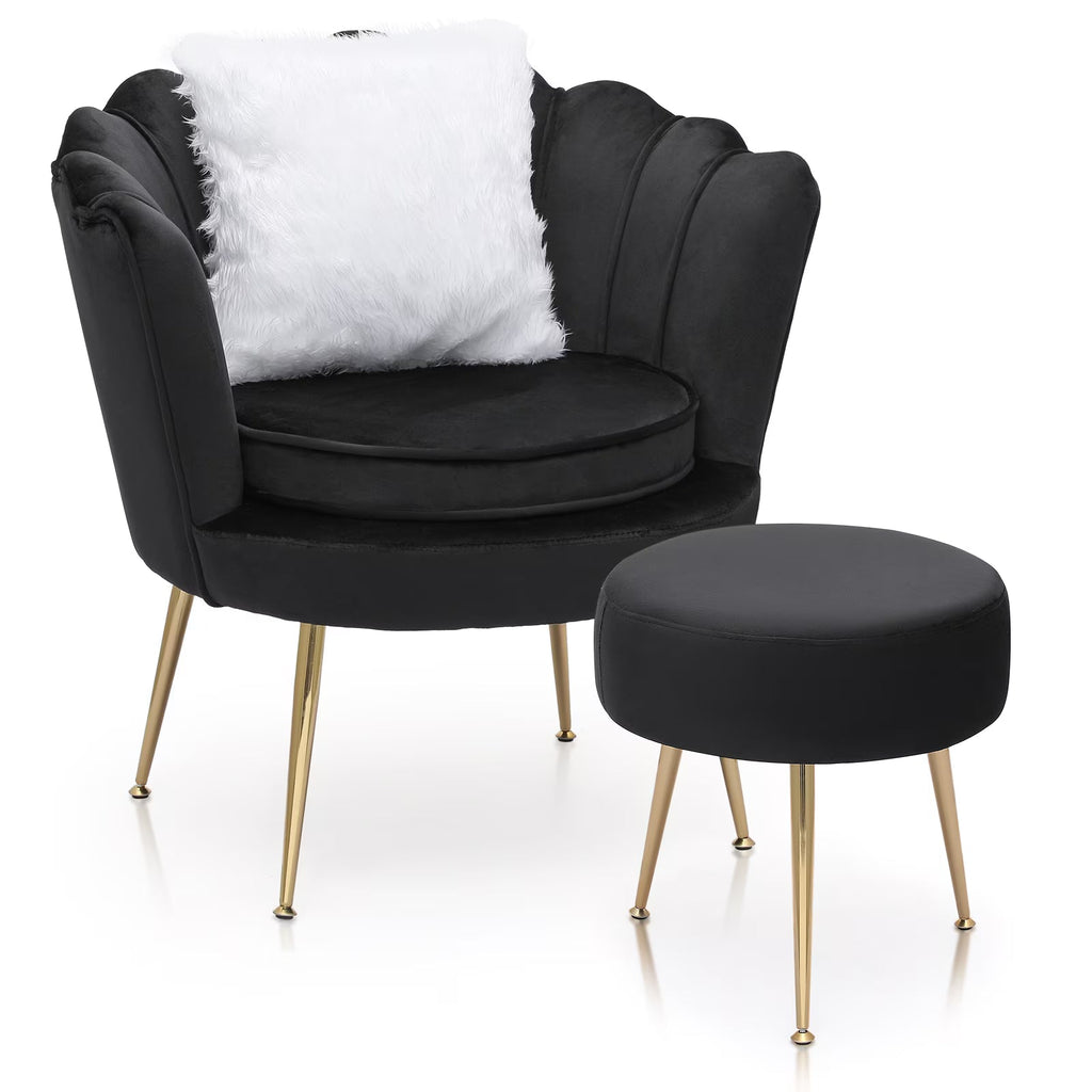 2026 NewMoNiBloom Set of 2 Velvet Tufted Accent Chair with Pillow and Stool, Upholstered Modern Single Sofa Side Chair with Padded Seat and Golden Metal Legs, Living Room Armchair, Black