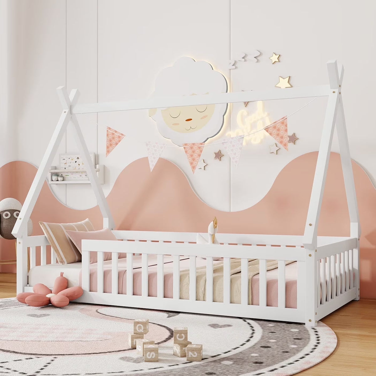 2026 New Full Size House Floor Bed, Wood Montessori Bed Frame with Fence Guardrails, House Beds Frame No Box Spring Needed-Full, Gray)