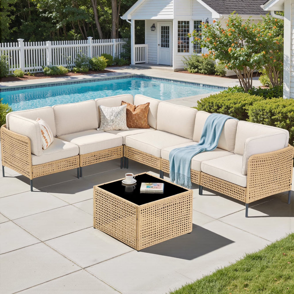 2026 NewPPorfamilia Outdoor Modular Sectional Furniture Set, 7 Piece Natural PE Rattan Sofa Set with 2 Corner Chairs, 4 Middle Chairs, Side Table