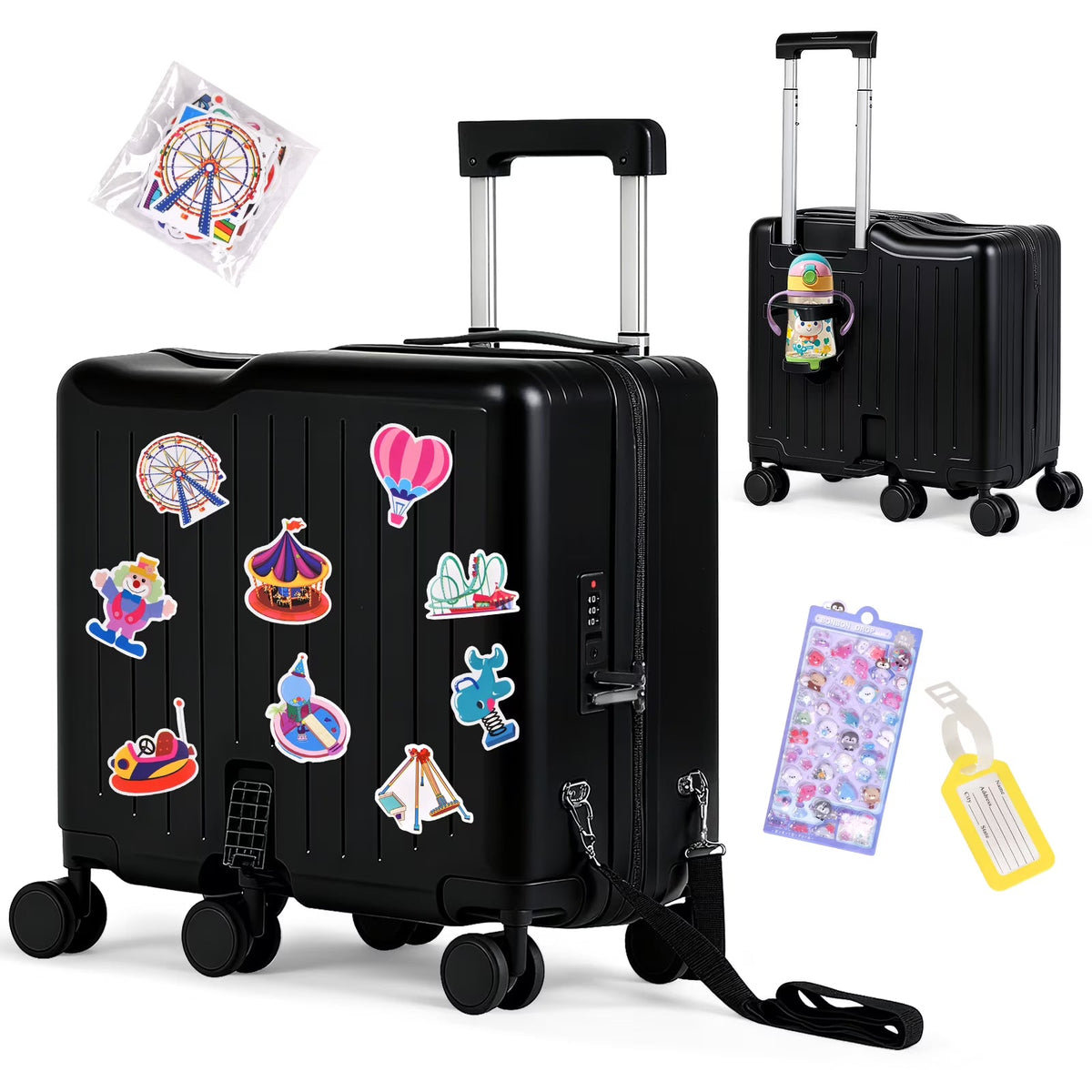 2026 NewAdvwin Ride-On Kids Luggage with Pull Strap, Footrests, Cup Holder, 6 Wheels & Adjustable Handle, 18-Inch Spinner Suitcase with Stickers & Boarding Pass, Pink