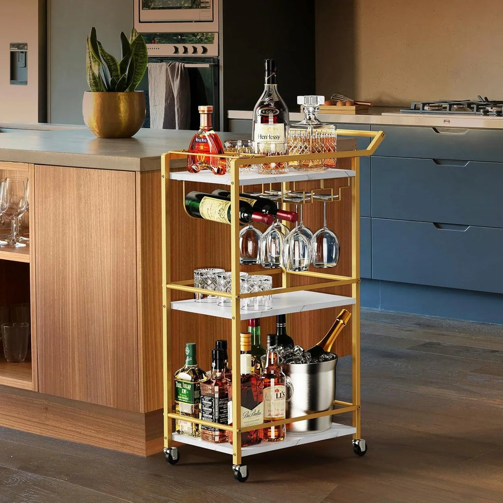 2026 New3 Tier Bar Cart, Mini Liquor Utility Cart for Wine Beverage Dinner Party, Rolling Wine Coffee Drink Serving Cart with Lockable Wheels for Home Kitchen