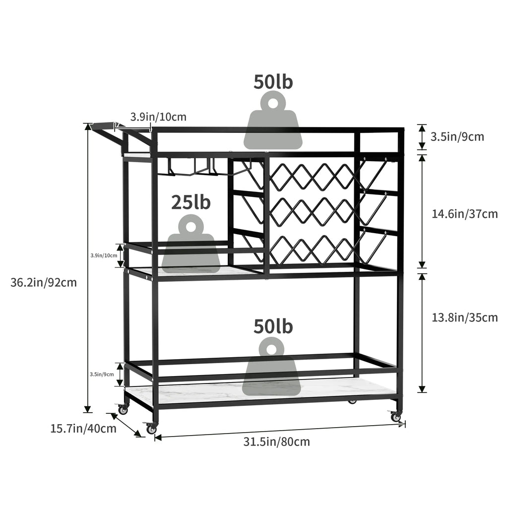 2026 NewWHIFEA 3-Tier Home Bar Cart with Wine Rack, Mobile Serving Wine Cart on Wheels, Modern Rolling Drink Trolley for Coffee Tea Wine