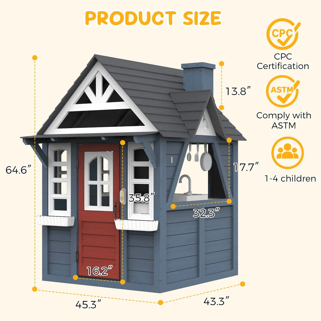 2026 NewCOCLUB Outdoor Playhouse for Kids Ages 4-8, Wooden Play House with Doorbell, Phone, Kitchen Toys, Outdoor Kids Play Equipment, Casa Para Niñas (45”L x 65”H), White & Black