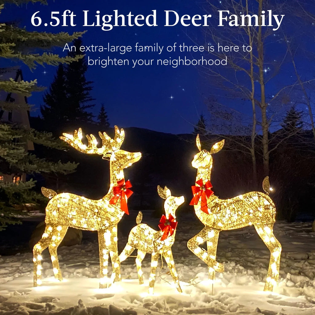 2026 NewBest Choice Products 6.5ft 3-Piece Lighted Christmas Deer Set Outdoor Yard Decoration w/ 385 LED Lights, Stakes - Gold