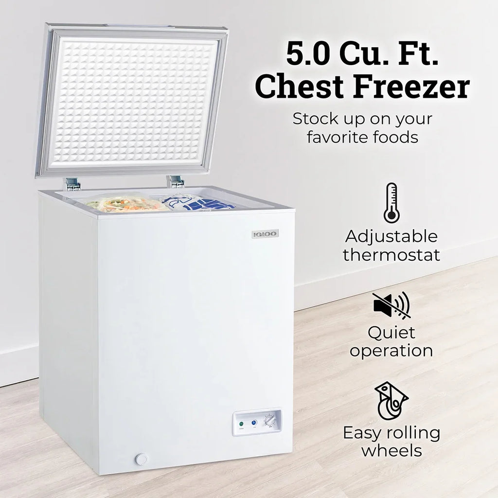 2026 New Igloo 5.0 Cu. Ft. Chest Freezer With Removable Basket, Free-Standing Door Temperature Ranges From-10?- to 10?- F, Front Defrost Water Drain, Perfect for Homes, Garages, Basements, RVs, White