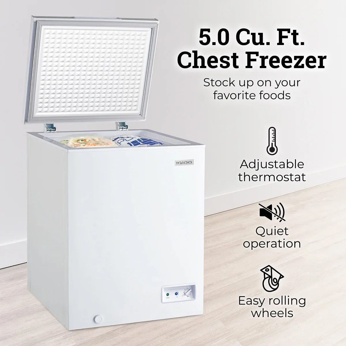 2026 New Igloo 5.0 Cu. Ft. Chest Freezer With Removable Basket, Free-Standing Door Temperature Ranges From-10?- to 10?- F, Front Defrost Water Drain, Perfect for Homes, Garages, Basements, RVs, White