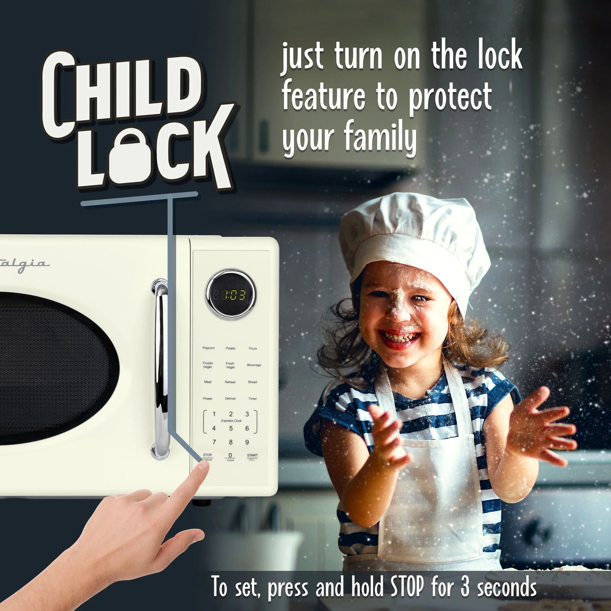 2026 NewNostalgia Retro Microwave Oven - 1.1 Cu Ft & 1000-Watt Countertop Size with Glass Turntable, Child Safety Lock, 8 Auto-Cook Programs & Digital Clock - Black