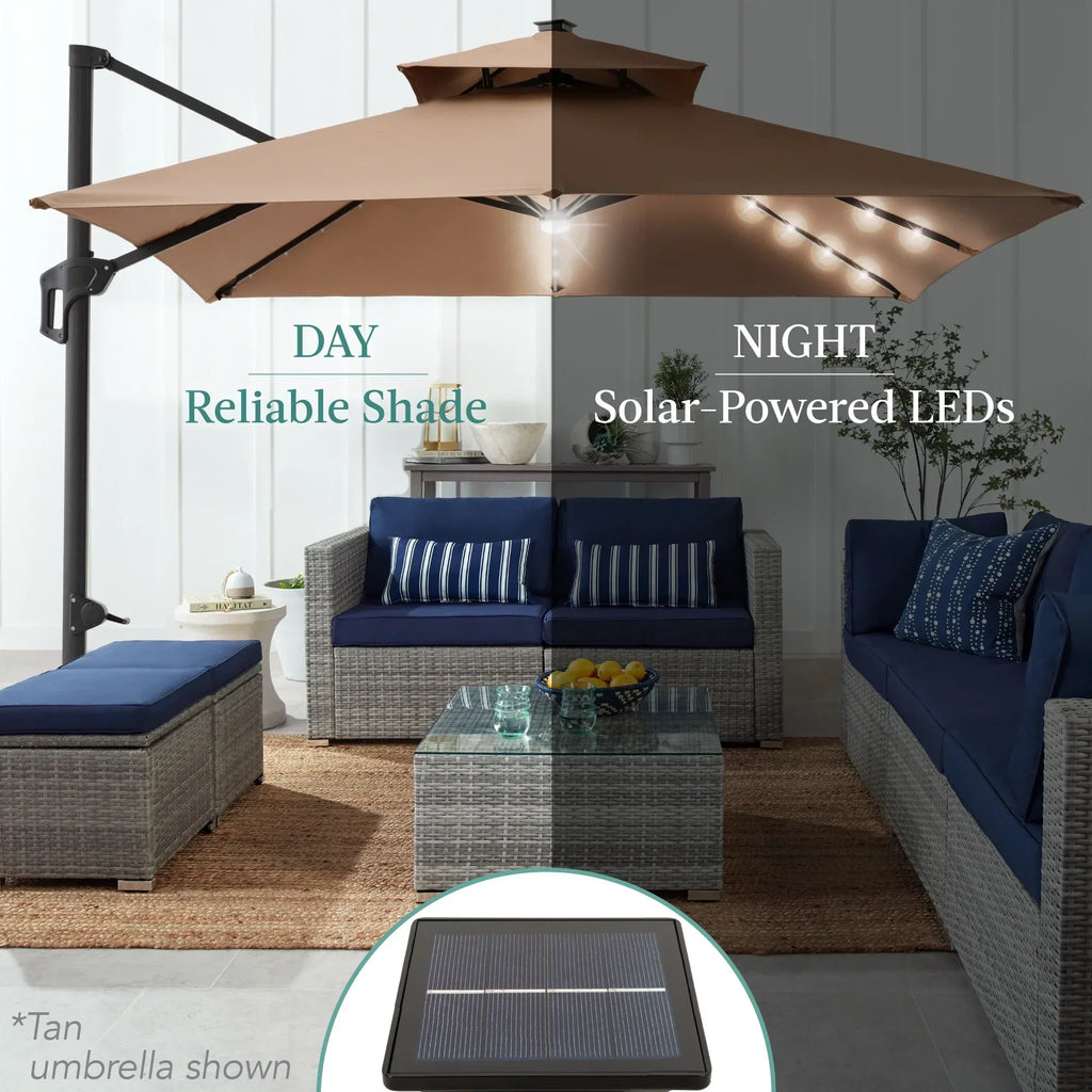 2026 NewBest Choice Products 10x10ft 2-Tier Square Outdoor Solar LED Cantilever Patio Umbrella w/ Base Included - Tan