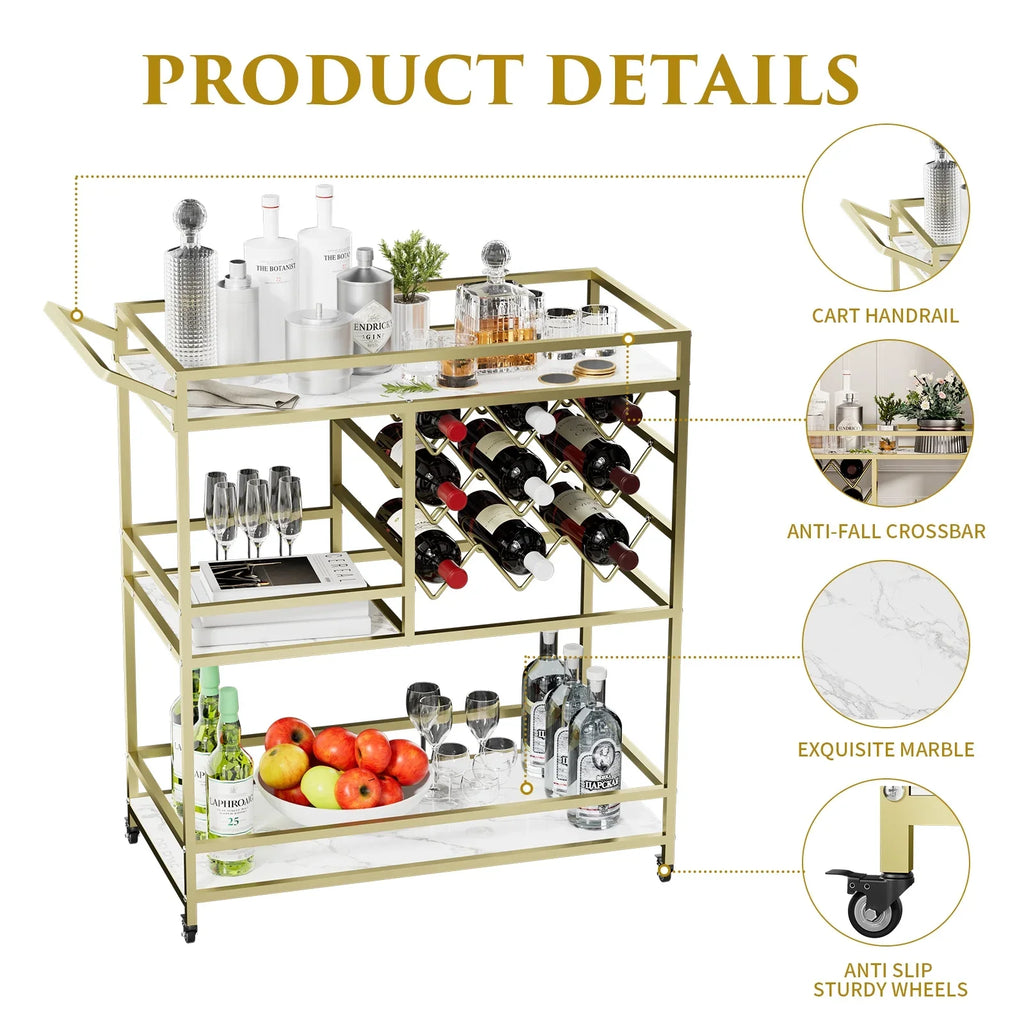 2026 NewWHIFEA 3-Tier Home Bar Cart with Wine Rack, Mobile Serving Wine Cart on Wheels, Modern Rolling Drink Trolley for Coffee Tea Wine
