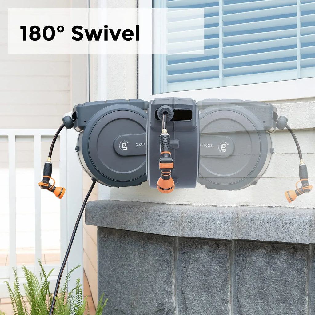 2026 NewGiraffe Tools Retractable Garden Hose Reel with 1/2in-100ft Water Hose, Plastic Bracket, Wall Mounted, Dark Grey