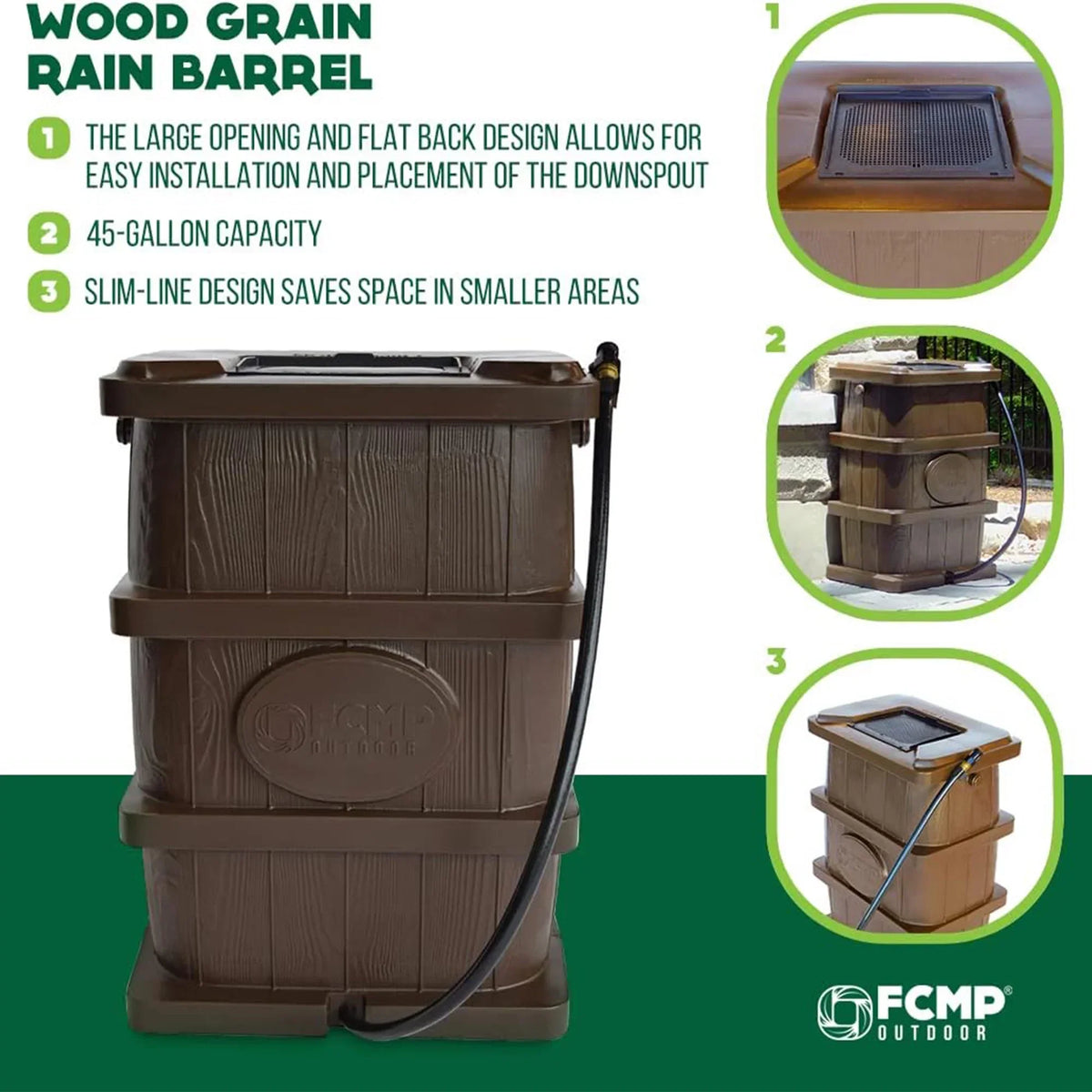 2026 NewFCMP Outdoor WG4000-GRY Home Outdoor Wood Grain Rain Water Catcher Barrel