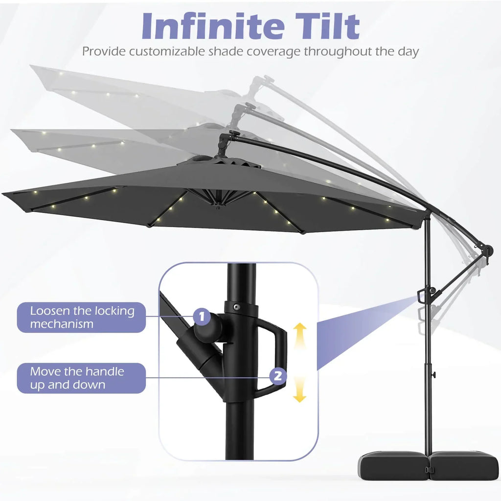 2026 NewCostway 10 FT Solar Offset Hanging Umbrella Patio Cantilever Umbrella with 32 LED Lights Brown