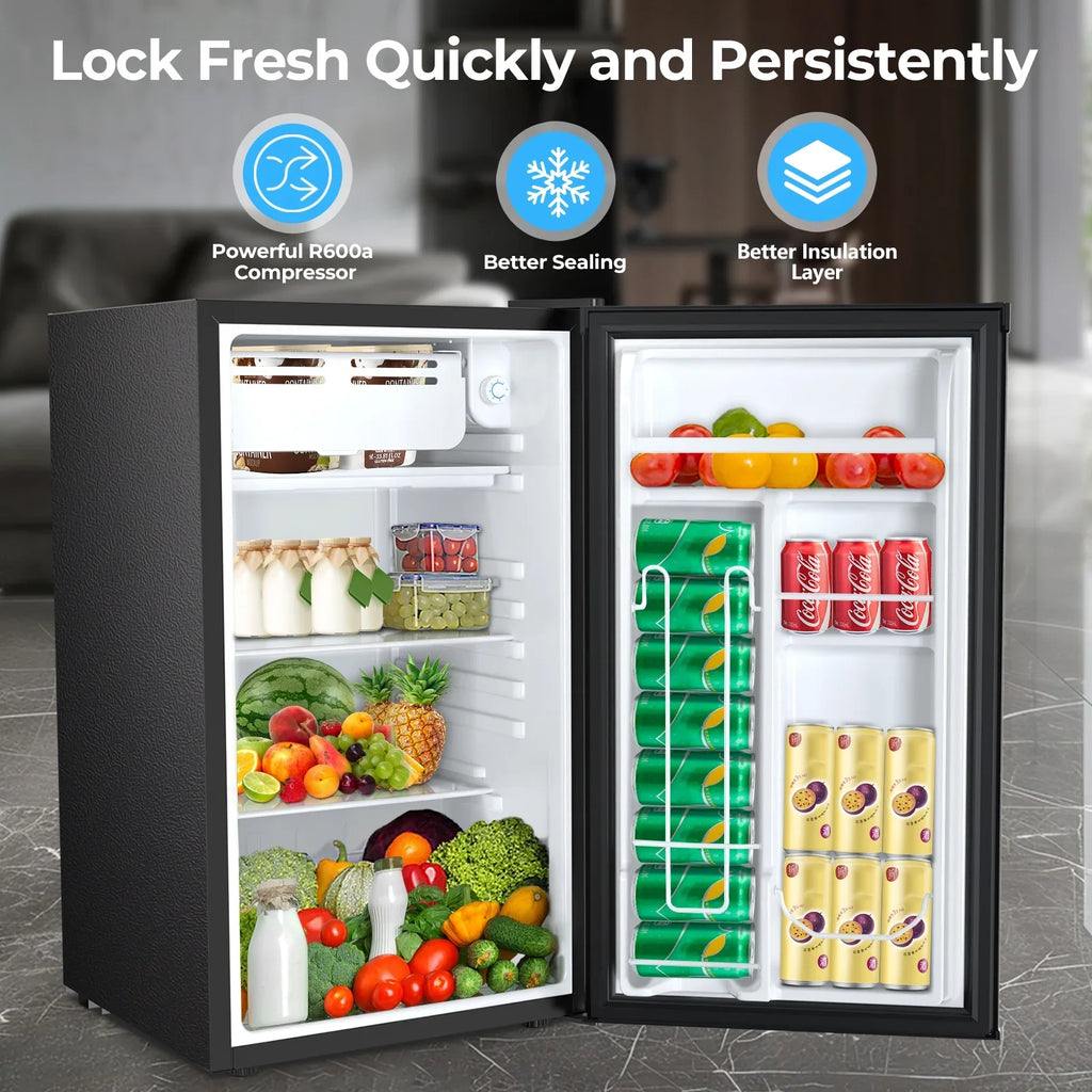 2026 NewWAA 3.2 Cu.ft Compact Mini Fridge with Freezer - Reversible Single Door,Adjustable Thermostat,Low Noise,Energy Efficient,Suitable for Office/Dorm/Bedroom/Apartment