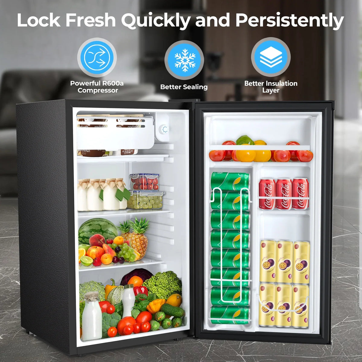 2026 NewWAA 3.2 Cu.ft Compact Mini Fridge with Freezer - Reversible Single Door,Adjustable Thermostat,Low Noise,Energy Efficient,Suitable for Office/Dorm/Bedroom/Apartment